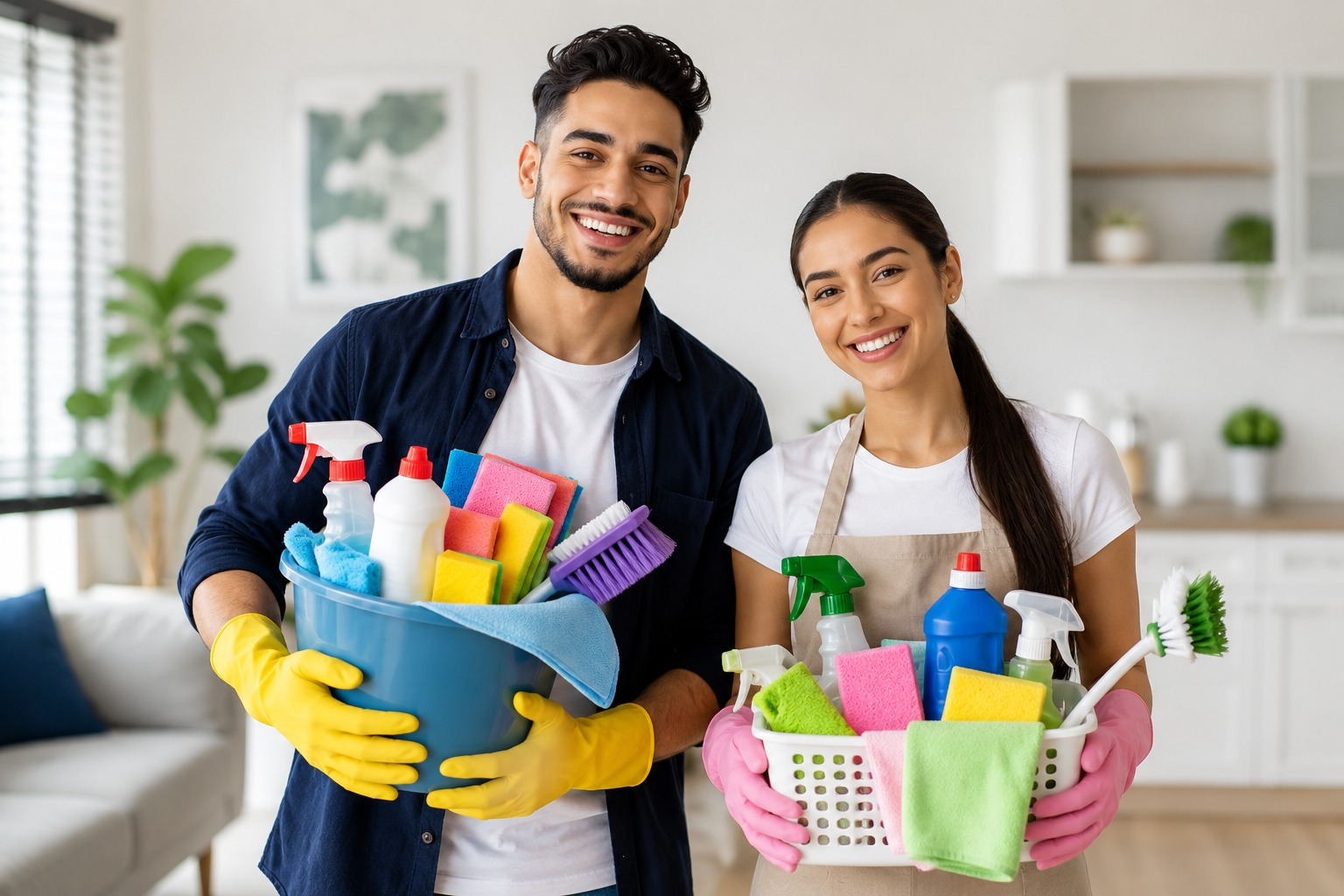 Vriendelijk schoonmaakteam met professionele schoonmaakmiddelen